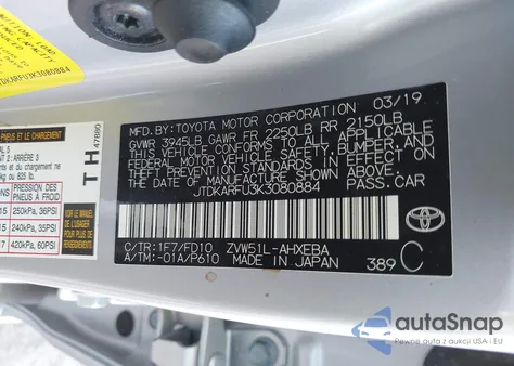 2019 Toyota Prius Le z USA, uszkodzony, nr VIN JTDKARFU3K3080884